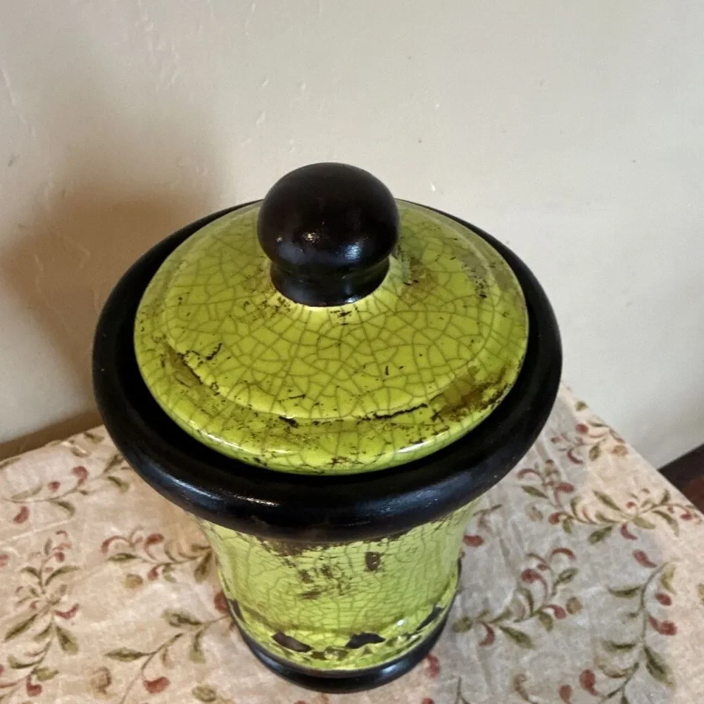 Vintage Tuscan Lime Green Crackle Glaze Ceramic Canister - Lidded Scrollwork Jar